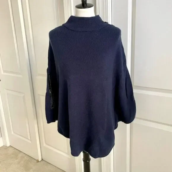 New York and Company Navy Blue Sweater Cape Poncho Turtleneck Top Size S/M - Picture 2 of 7